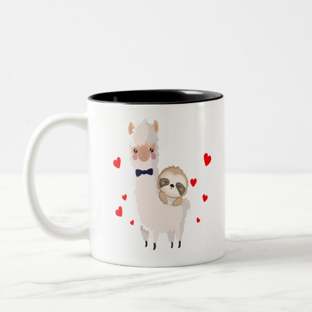 Funny Sloth Riding Llama Shirt funny Alpaca Hearts Two-Tone Coffee Mug (Left)