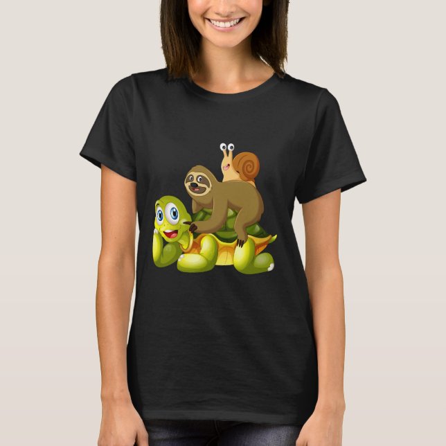 Funny Sloth Riding Turtle Snail Cute Slow Animals  T-Shirt (Front)