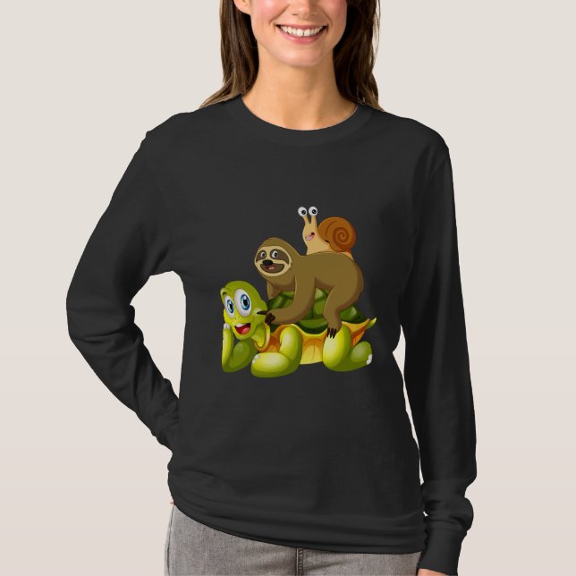 Funny Sloth Riding Turtle Snail Cute Slow Animals  T-Shirt (Front)