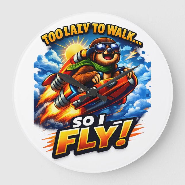 Funny Sloth Rocket Meme, Too Lazy to Walk So I Fly Large Clock (Front)