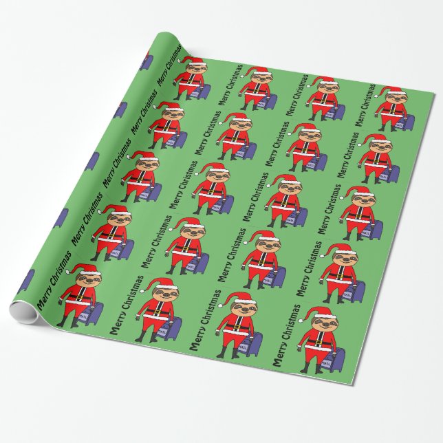 Funny Sloth Santa Claus Christmas Cartoon Wrapping Paper (Unrolled)