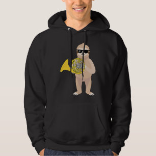Funny Sloth Wearing Sunglasses Playing French Horn Hoodie