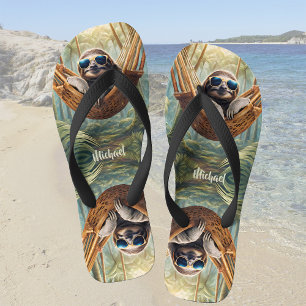 Funny sloth with sunglasses in a hammock flip flops