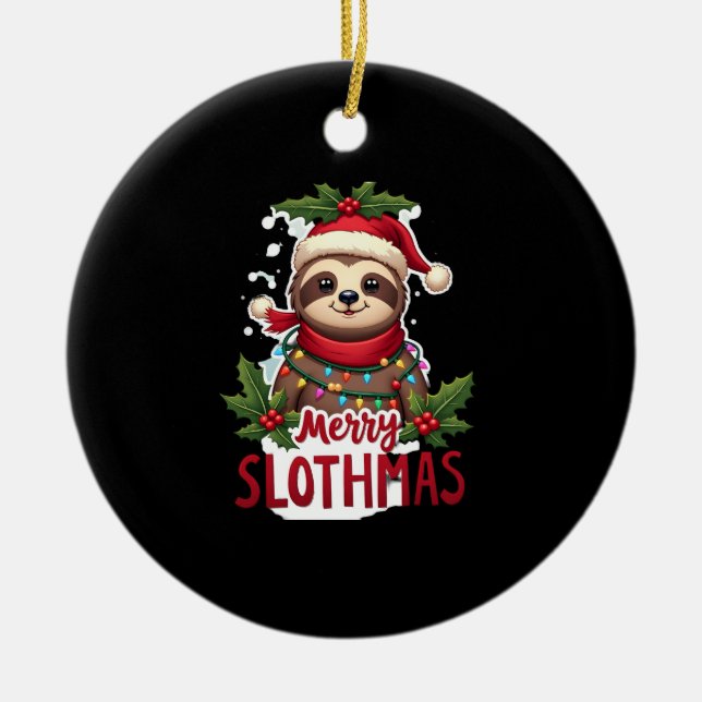Funny Sloth Xmas Lights Merry Slothmas Sloth Chris Ceramic Tree Decoration (Front)