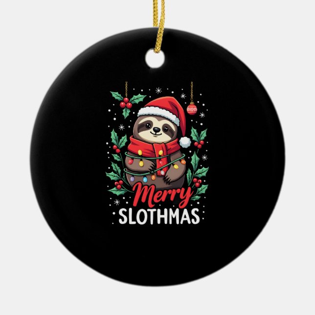 Funny Sloth Xmas Lights Merry Slothmas Sloth Chris Ceramic Tree Decoration (Front)