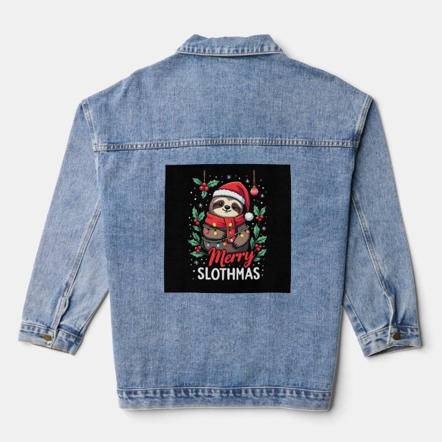 Funny Sloth Xmas Lights Merry Slothmas Sloth Chris Denim Jacket (Back)
