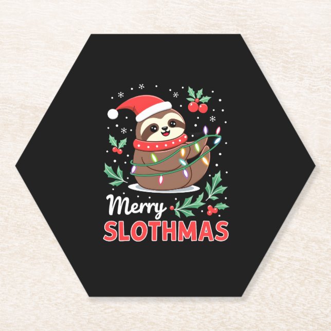 Funny Sloth Xmas Lights Merry Slothmas Sloth Chris Paper Coaster (Front)