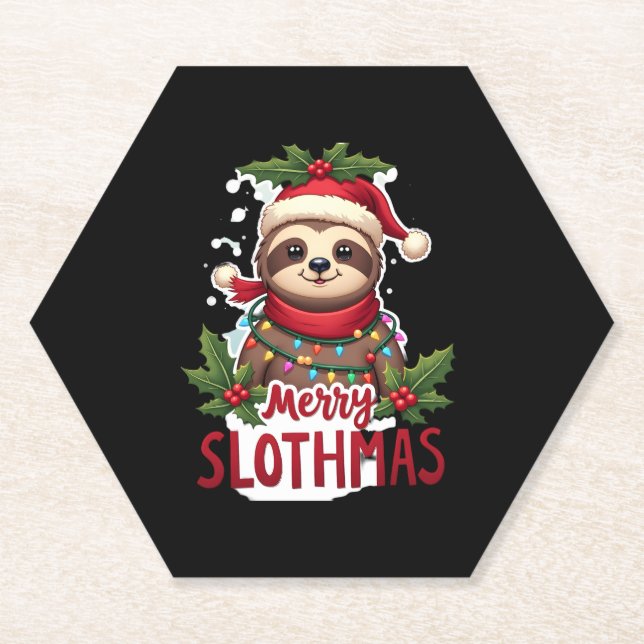 Funny Sloth Xmas Lights Merry Slothmas Sloth Chris Paper Coaster (Front)