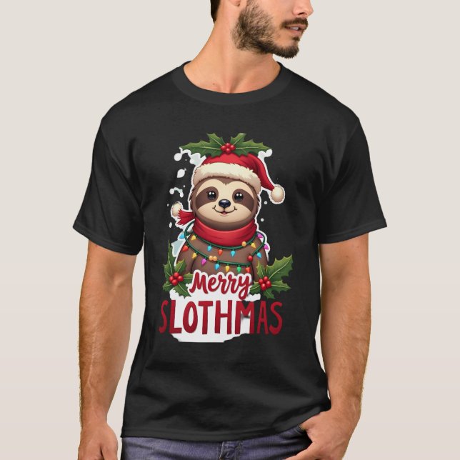 Funny Sloth Xmas Lights Merry Slothmas Sloth Chris T-Shirt (Front)