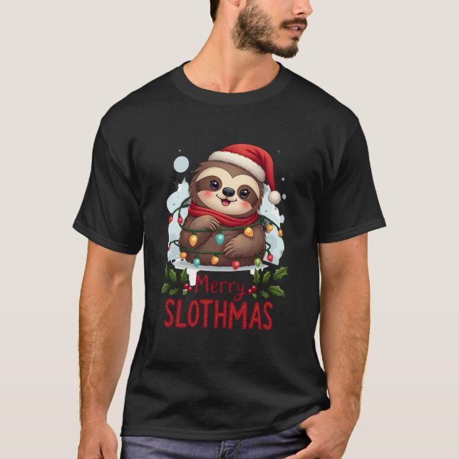 Funny Sloth Xmas Lights Merry Slothmas Sloth Chris T-Shirt (Front)