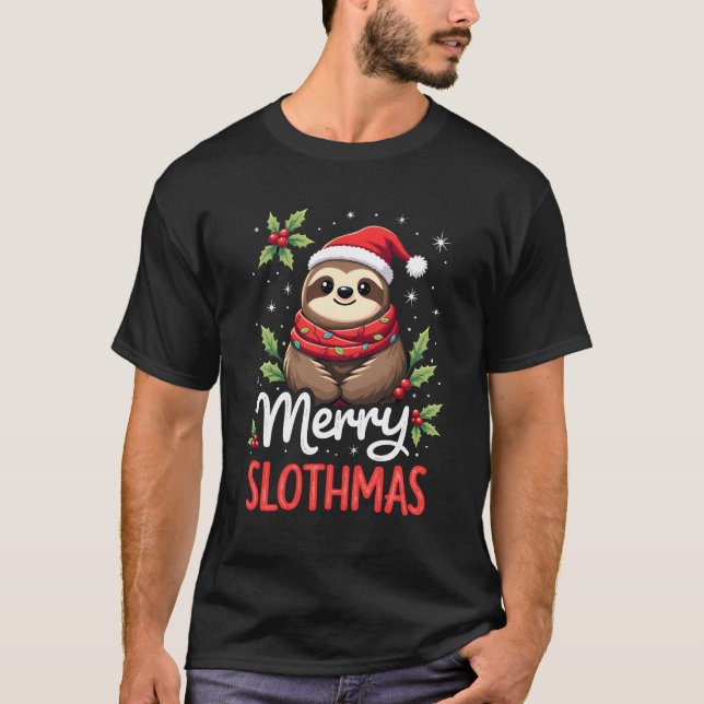 Funny Sloth Xmas Lights Merry Slothmas Sloth Chris T-Shirt (Front)