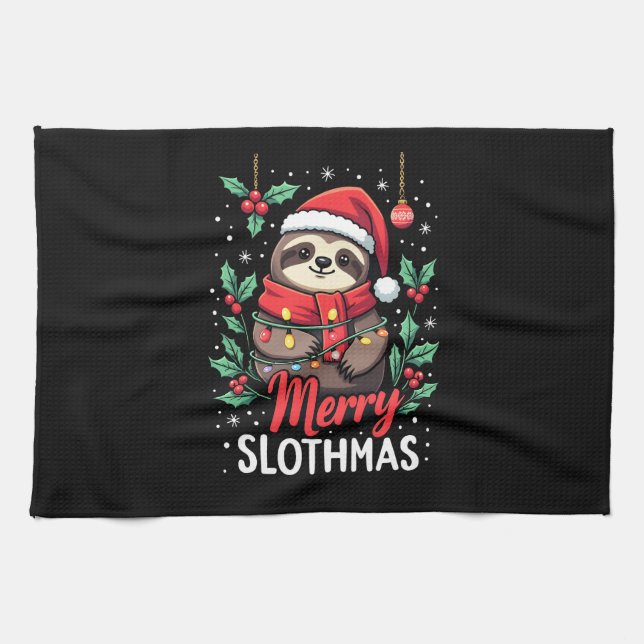 Funny Sloth Xmas Lights Merry Slothmas Sloth Chris Tea Towel (Horizontal)