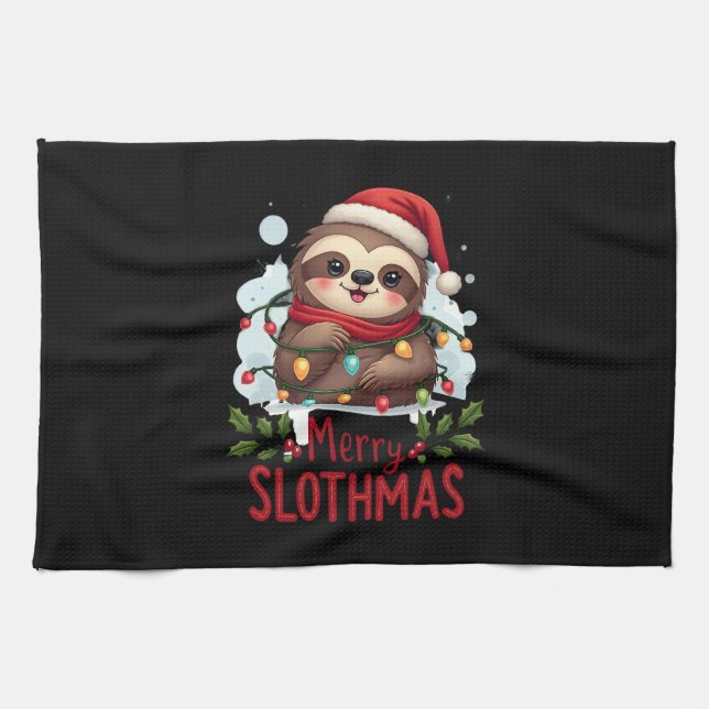Funny Sloth Xmas Lights Merry Slothmas Sloth Chris Tea Towel (Horizontal)