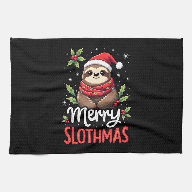 Funny Sloth Xmas Lights Merry Slothmas Sloth Chris Tea Towel (Horizontal)