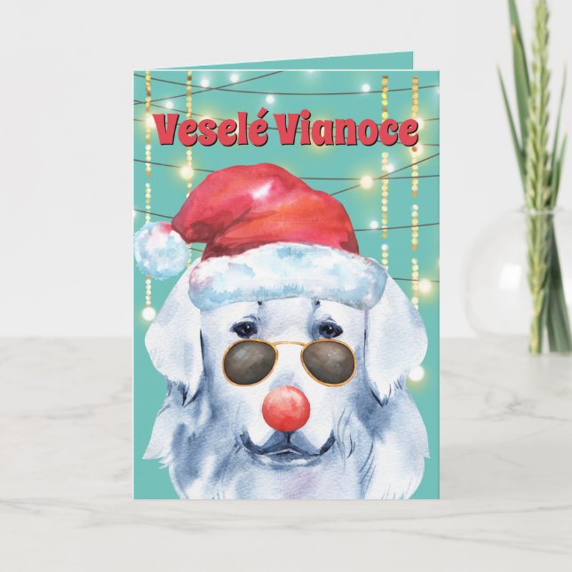 Funny Slovak Cuvak dog in lights Veselé Vianoce Card (Front)