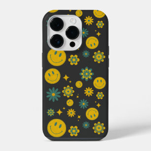 funny smile face and groovy flowers iPhone 14 pro case