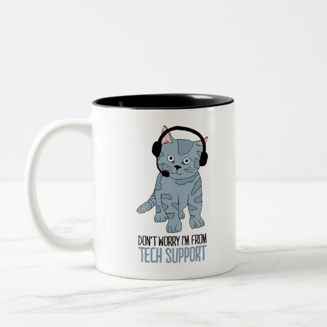 Funny Smiling Cat Tech Support Epic SarcasticQuote Two-Tone Coffee Mug (Left)