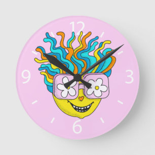 Funny Smiling Character with Pink Glasses Colourfu Round Clock
