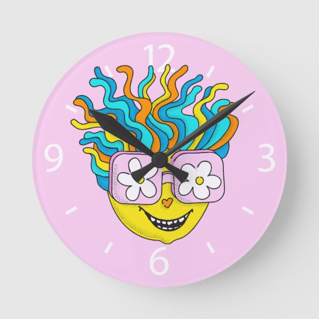Funny Smiling Character with Pink Glasses Colourfu Round Clock (Front)
