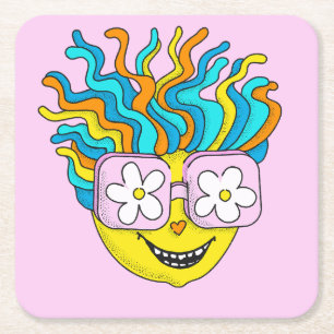 Funny Smiling Character with Pink Glasses Colourfu Square Paper Coaster