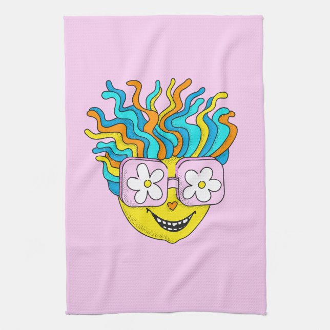 Funny Smiling Character with Pink Glasses Colourfu Tea Towel (Vertical)