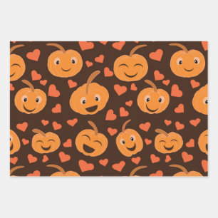 Funny Smiling pumpkins pattern with hearts Wrapping Paper Sheet