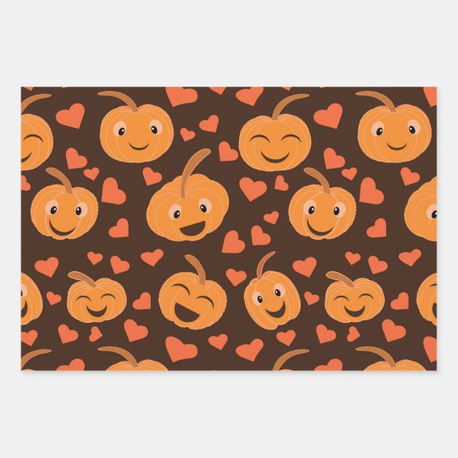 Funny Smiling pumpkins pattern with hearts Wrapping Paper Sheet (Front)