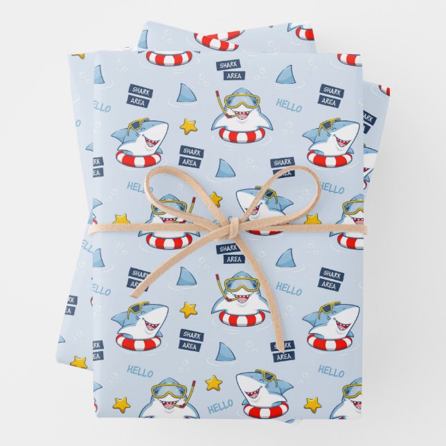 Funny Smiling Shark Life Preserver Snorkel Goggles Wrapping Paper Sheet (In situ)