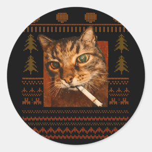 Funny Smoking Cat Meme Christmas Ugly For Men Wome Classic Round Sticker
