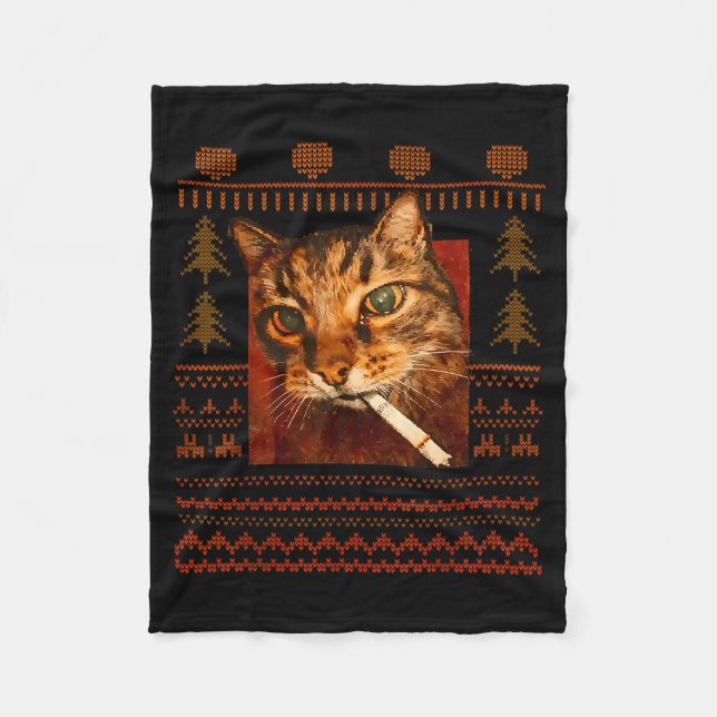 Funny Smoking Cat Meme Christmas Ugly For Men Wome Fleece Blanket (Front)