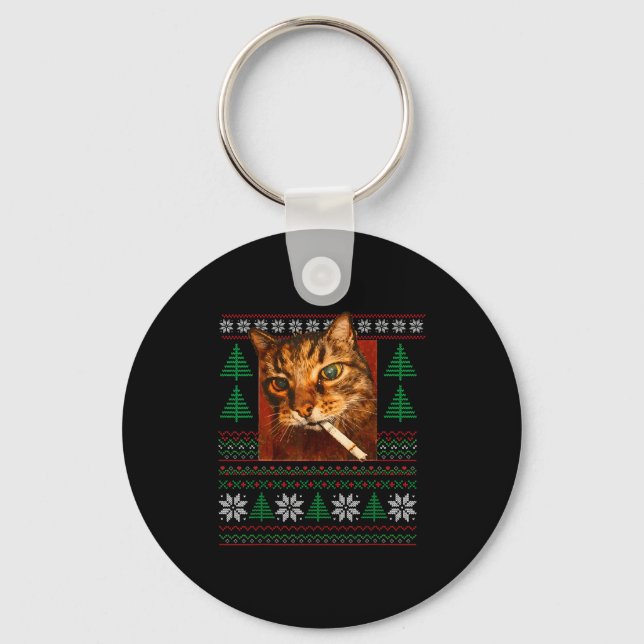 Funny Smoking Cat Meme Christmas Ugly  Key Ring (Front)