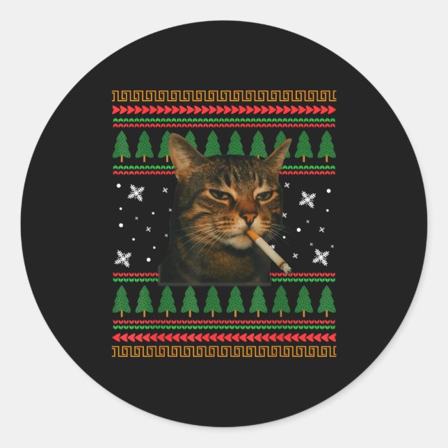 Funny Smoking Cat Meme Christmas Ugly Sweater Cat  Classic Round Sticker (Front)