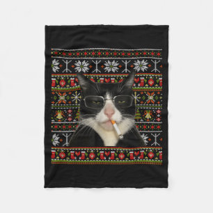 Funny Smoking Cat Meme Christmas Ugly Sweater Cat  Fleece Blanket