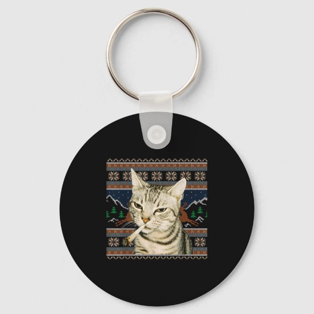 Funny Smoking Cat Meme Christmas Ugly Sweater Cat  Key Ring (Front)