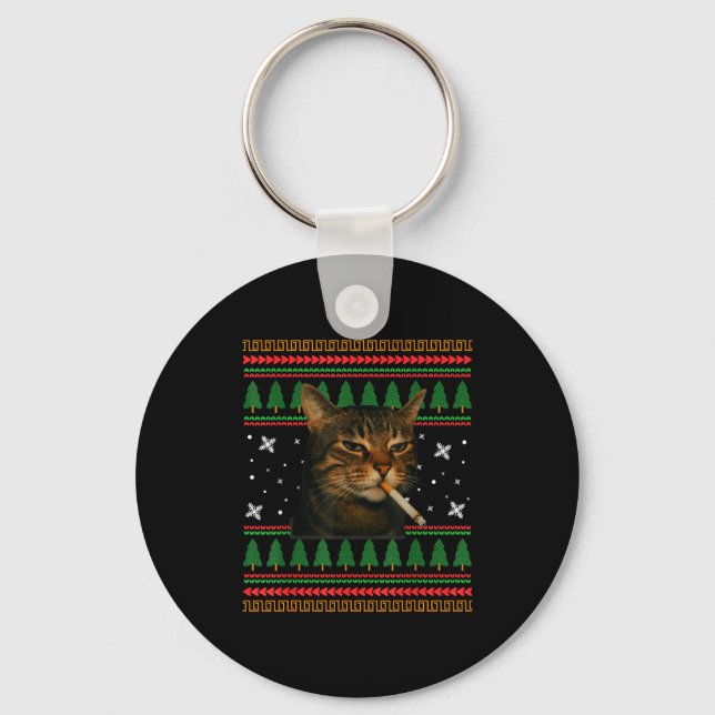 Funny Smoking Cat Meme Christmas Ugly Sweater Cat  Key Ring (Front)