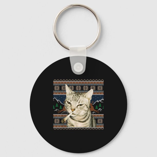 Funny Smoking Cat Meme Christmas Ugly Sweater Cat  Key Ring (Front)