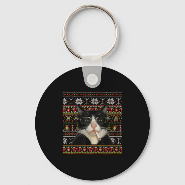 Funny Smoking Cat Meme Christmas Ugly Sweater Cat  Key Ring (Front)