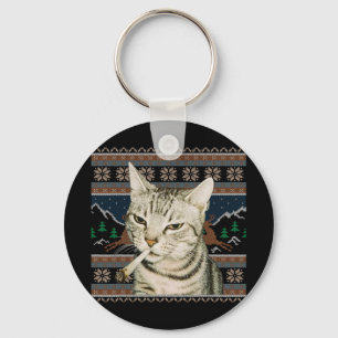 Funny Smoking Cat Meme Christmas Ugly Sweater Cat Key Ring