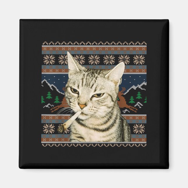 Funny Smoking Cat Meme Christmas Ugly Sweater Cat  Magnet (Front)