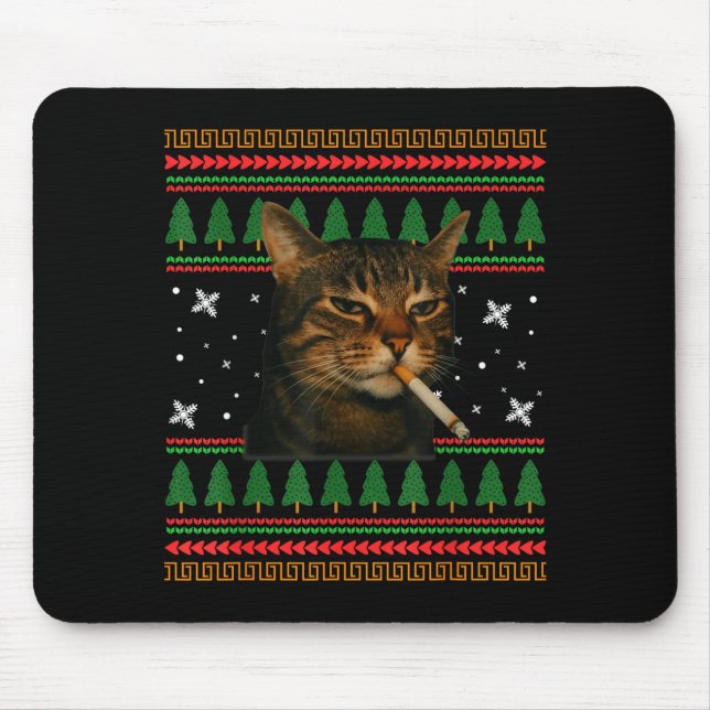 Funny Smoking Cat Meme Christmas Ugly Sweater Cat  Mouse Mat (Front)