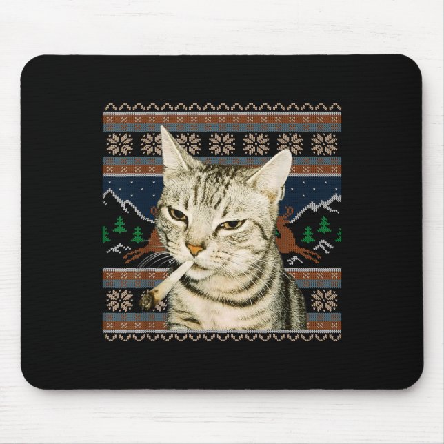 Funny Smoking Cat Meme Christmas Ugly Sweater Cat  Mouse Mat (Front)