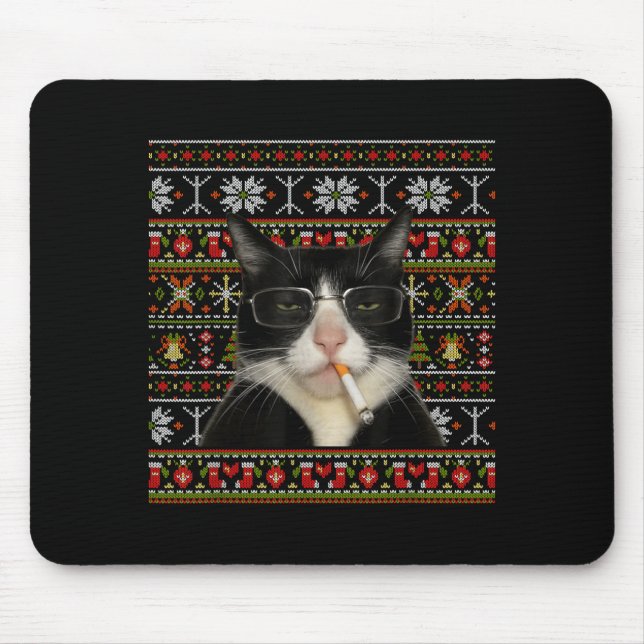 Funny Smoking Cat Meme Christmas Ugly Sweater Cat  Mouse Mat (Front)