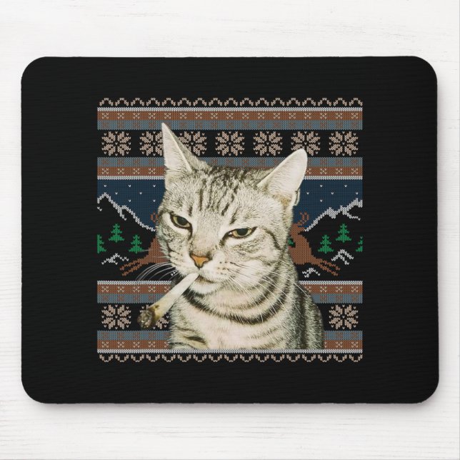 Funny Smoking Cat Meme Christmas Ugly Sweater Cat  Mouse Mat (Front)