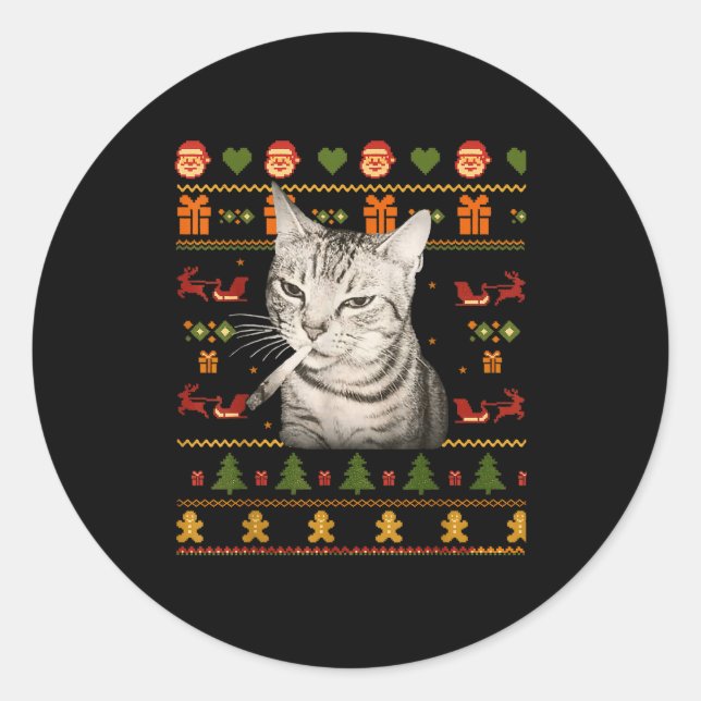 Funny Smoking Cat Meme Christmas Ugly Sweaters For Classic Round Sticker (Front)