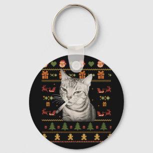 Funny Smoking Cat Meme Christmas Ugly Sweaters For Key Ring