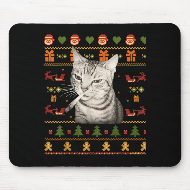 Funny Smoking Cat Meme Christmas Ugly Sweaters For Mouse Mat (Front)