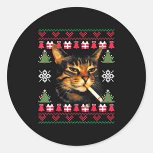 Funny Smoking Cat Meme Ugly Christmas Sweater For  Classic Round Sticker