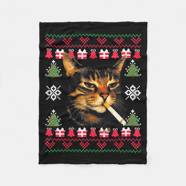 Funny Smoking Cat Meme Ugly Christmas Sweater For  Fleece Blanket (Front)