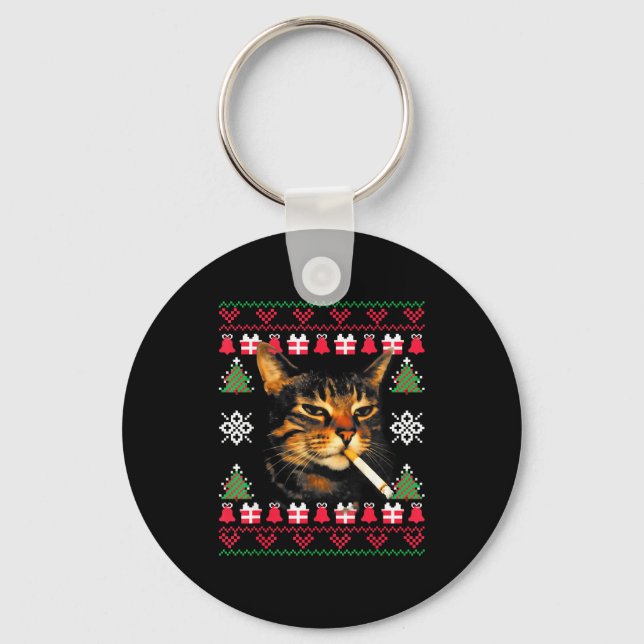 Funny Smoking Cat Meme Ugly Christmas Sweater For  Key Ring (Front)
