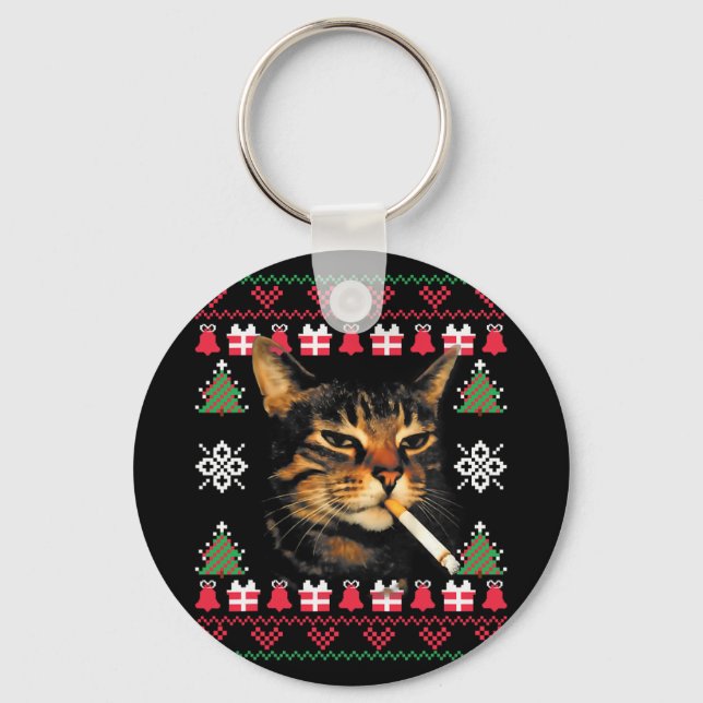 Funny Smoking Cat Meme Ugly Christmas Sweater For  Key Ring (Front)